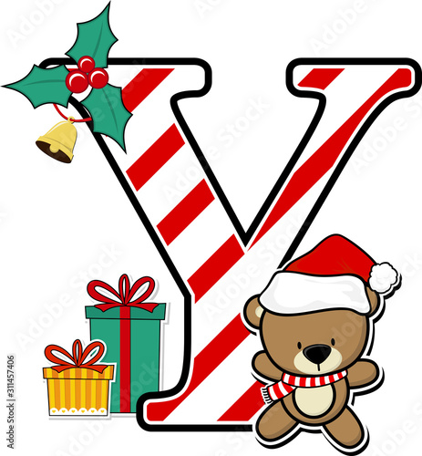capital letter y with cute teddy bear and christmas design elements isolated on white background. can be used for holiday season card, nursery decoration or christmas party invitation