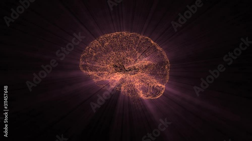 A rotating human brain electrically charging from an internal electricity source, changing colour.