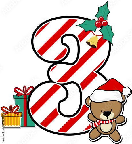 number 3 with cute teddy bear and christmas design elements isolated on white background. can be used for holiday season card, nursery decoration or christmas celebration invitation
