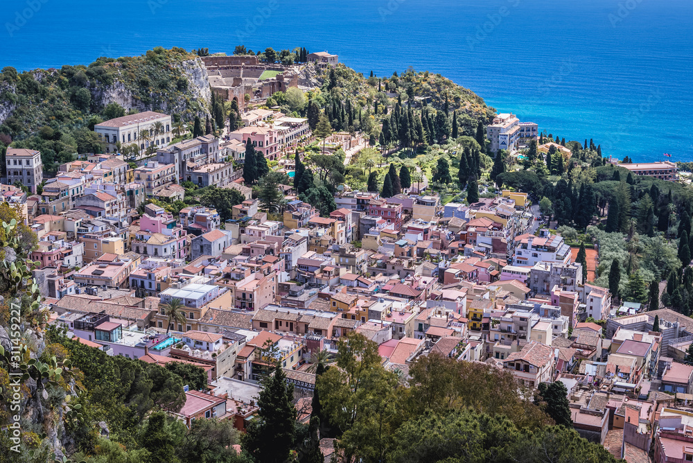 Obraz premium Taormina city on Sicily Island seen from Way of Cross stairs
