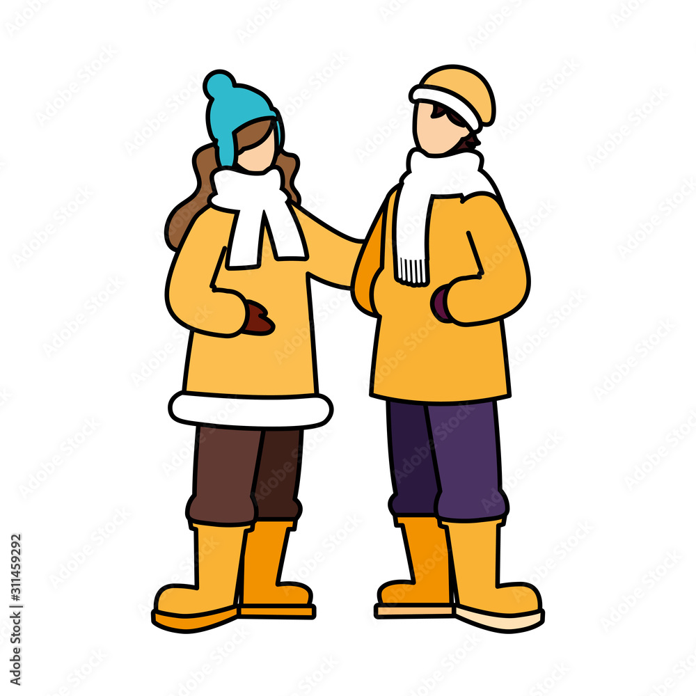 couple of people standing with winter clothes on white background