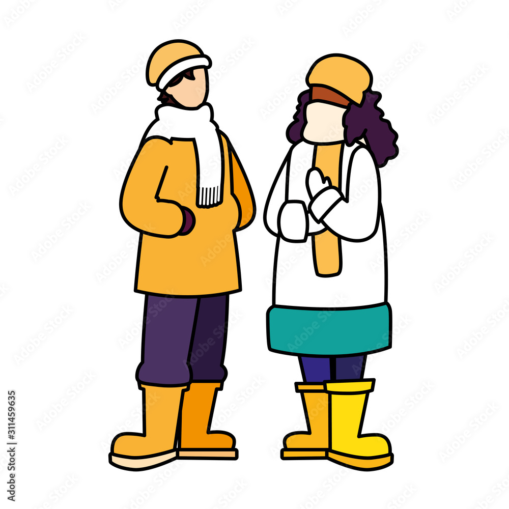 couple of people standing with winter clothes on white background couple of people standing with winter clothes on white background