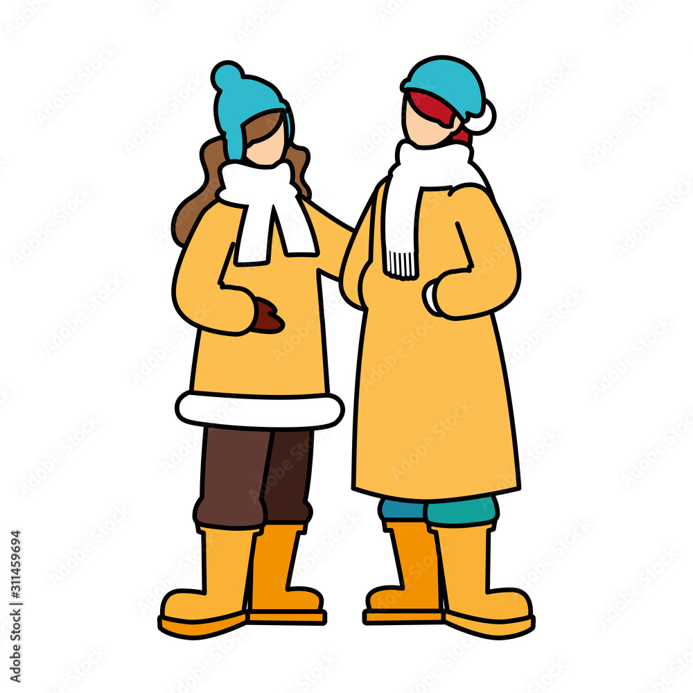 women standing with winter clothes on white background women standing with winter clothes on white background