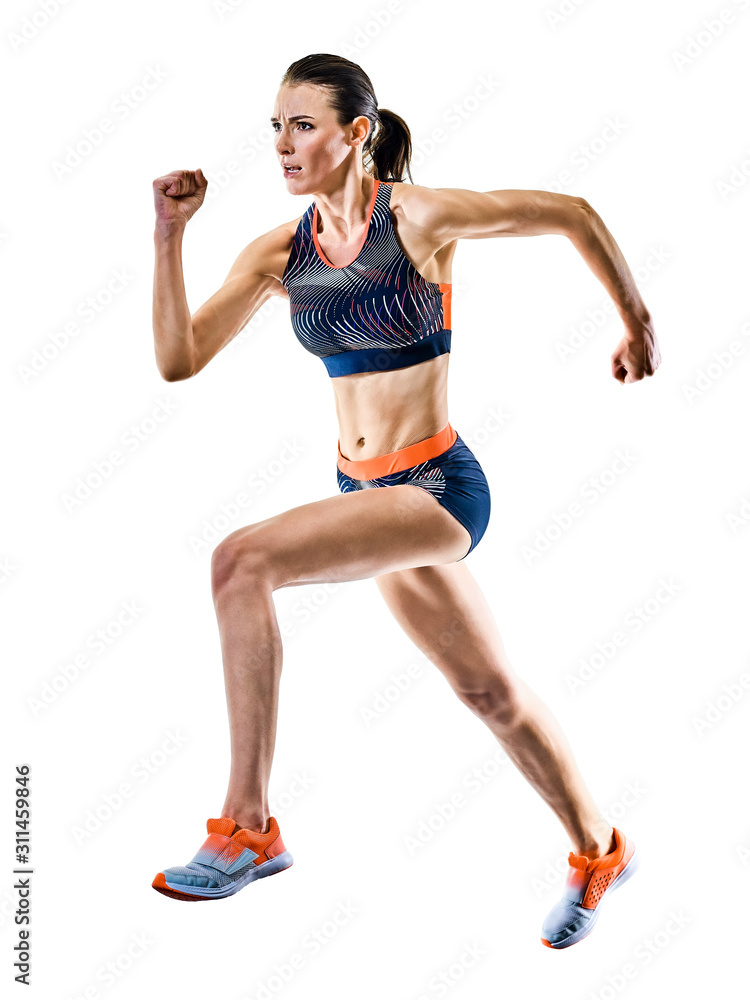 one young caucasian woman runner running jogger jogging athletics competition isolated on white background