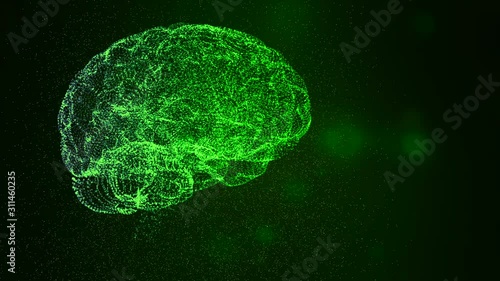 Magically designed human brain floating in space of colorful bokeh particles.