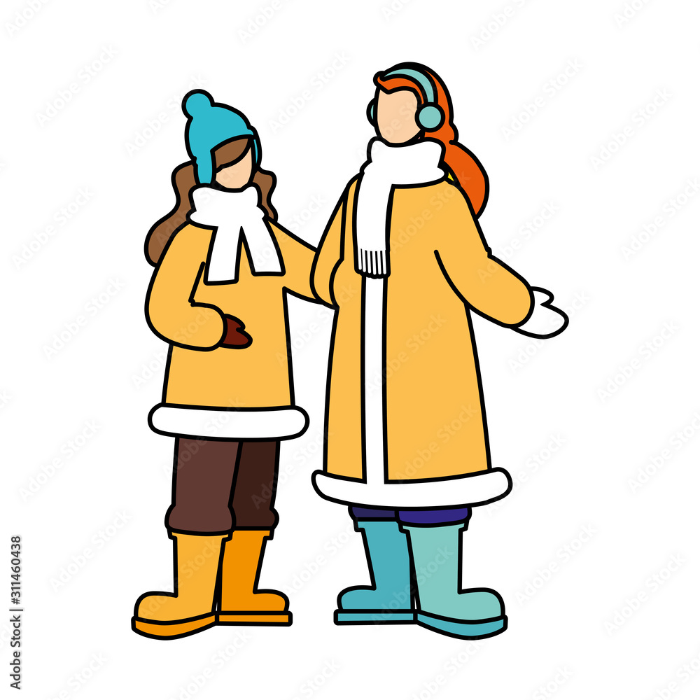 women standing with winter clothes on white background women standing with winter clothes on white background