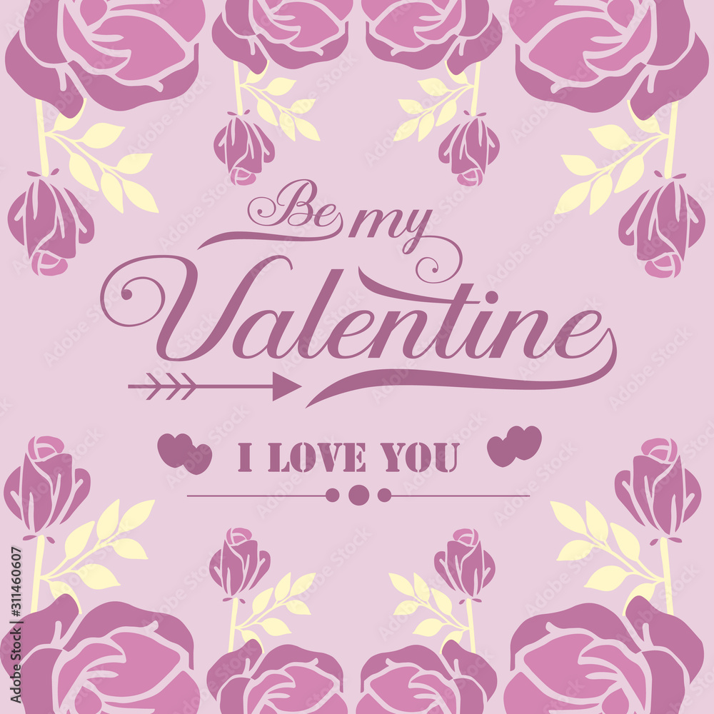 Poster design elegant happy valentine, with pink wreath frame unique. Vector