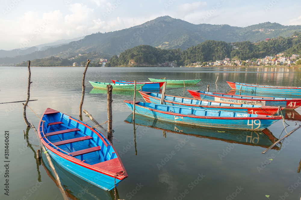 Tourist Boats on Phewa Lake in Pokhara Nepal