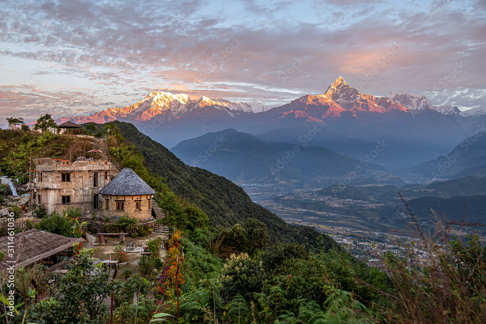 Sunrise on the Himalayas Pokhara Nepal - obrazy, fototapety, plakaty 