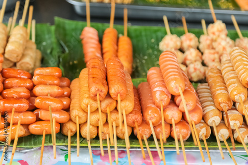 Meat ball sausage and crab kani famous and poppular street food photo