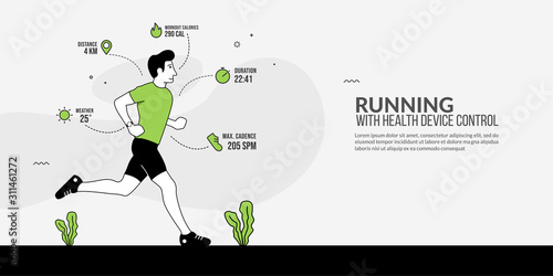 Sport running man with smart watch on his hand, Health device tracking, modern fitness technology