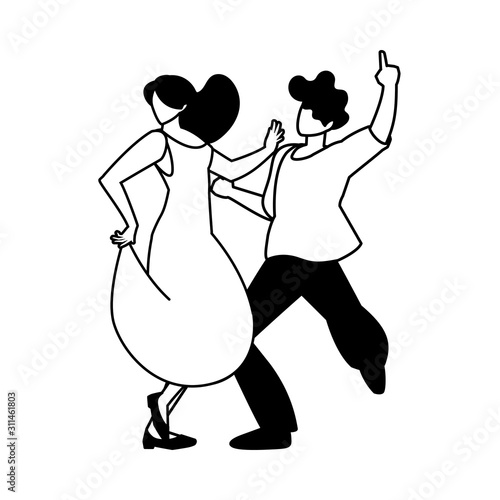 silhouette of couple in pose of dancing on white background