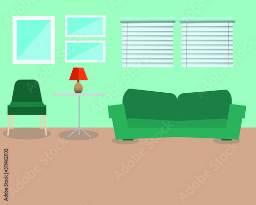 Green room interior of the living room. Vector banner.