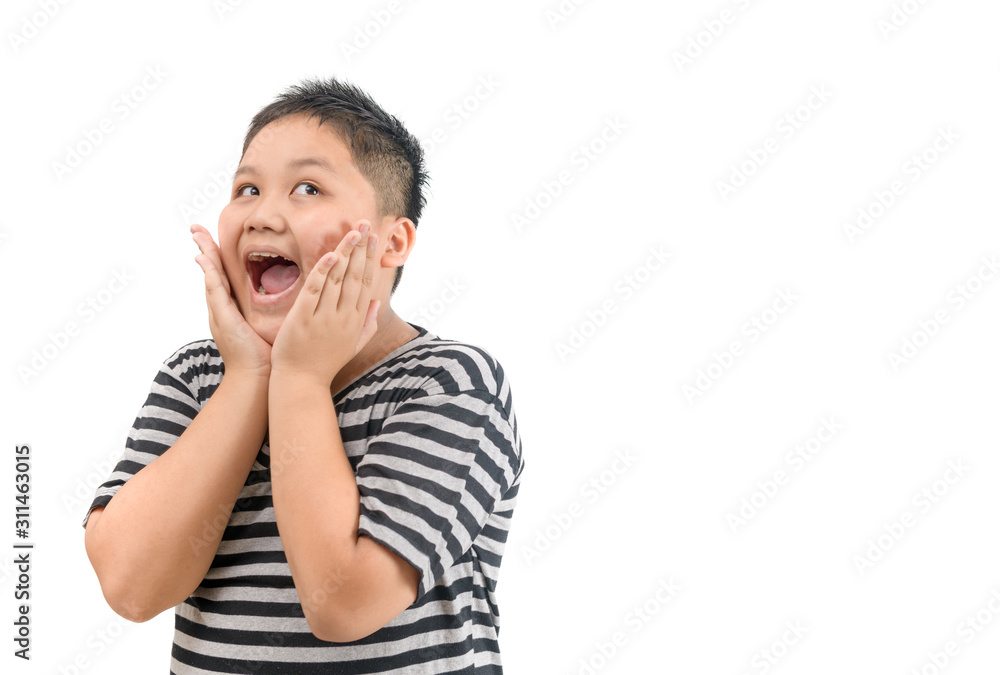 Wow. Obese fat asian boy raising eyebrows and covering open mouth w Wow. Obese fat asian boy raising eyebrows and covering open mouth w