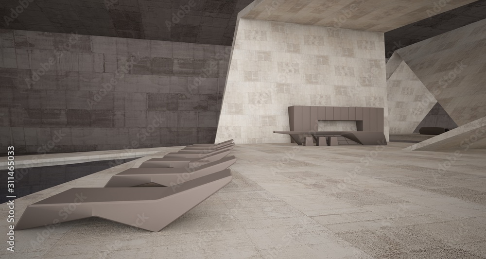 Abstract architectural concrete interior of a minimalist house with swimming pool. 3D illustration and rendering.