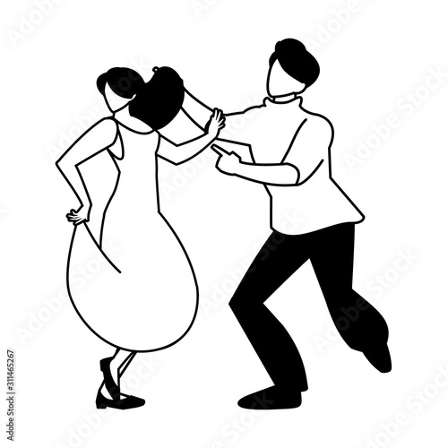 silhouette of couple in pose of dancing on white background