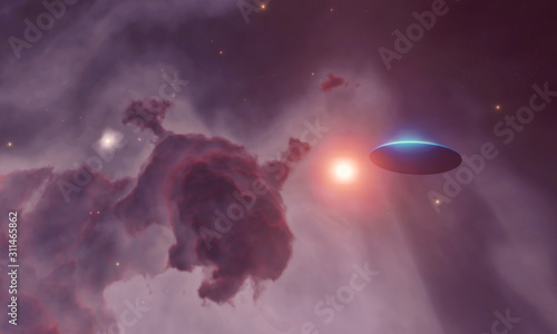 Fototapeta Naklejka Na Ścianę i Meble -  Flying saucer in space with nebula and stars