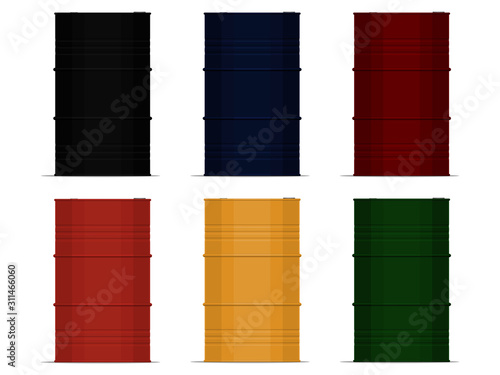 set of empty steel barrel on white background