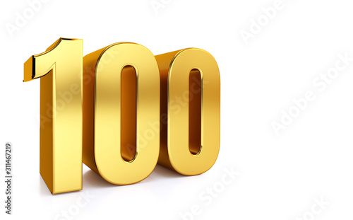 One hundred, 3d illustration golden number 100 on white background and copy space on right hand side for text, Best for anniversary, birthday, new year celebration.