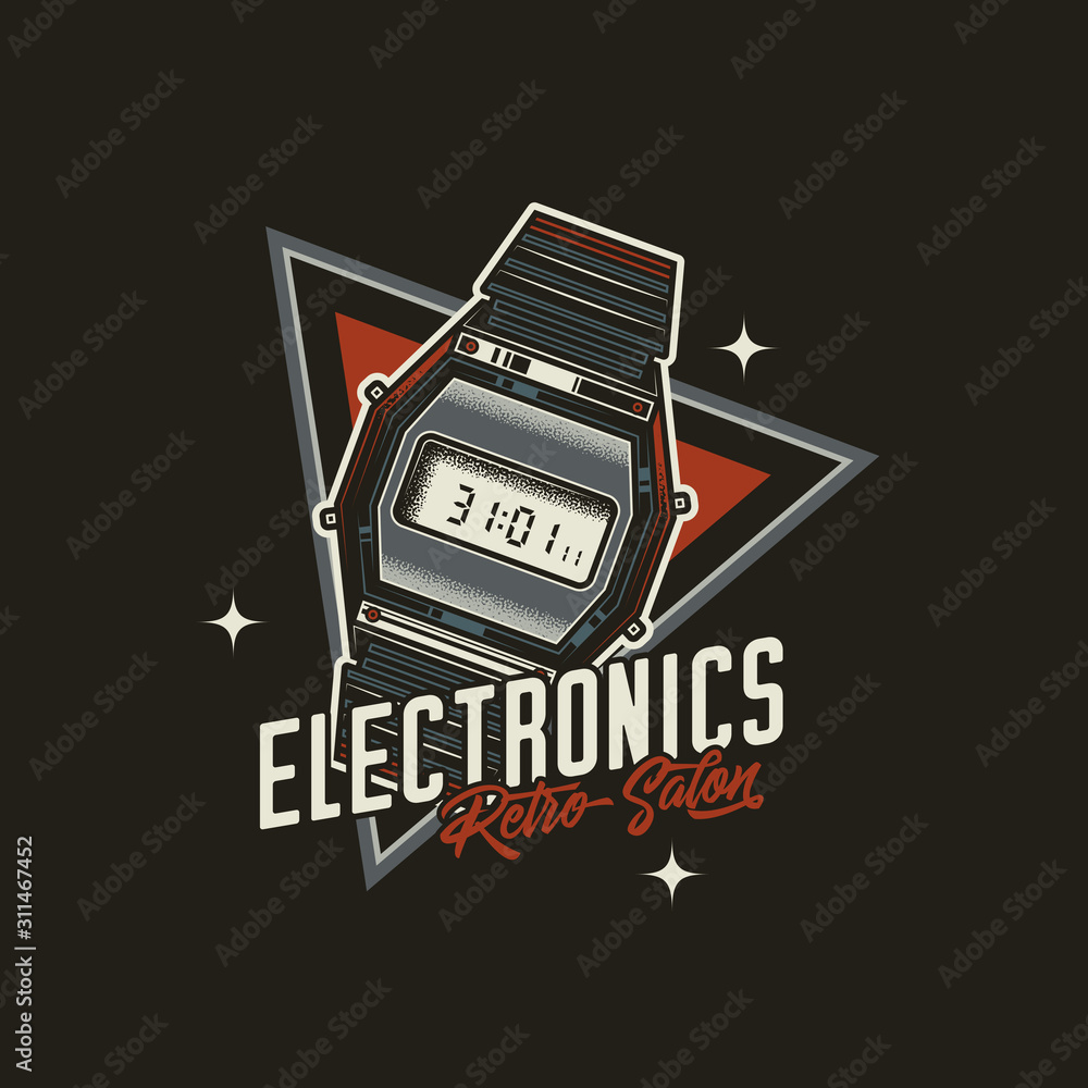 The original vector emblem with the image of a vintage wristwatch. The original vector emblem with the image of a vintage wristwatch.