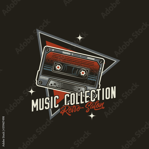 Original vector emblem in retro style. Vintage music cassette with magnetic tape.