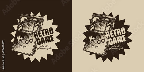 Original monochrome vector emblem in retro style. Portable game console.