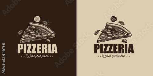 Original monochrome vector emblem in retro style. Pizza with olives, salami, mushrooms and herbs.