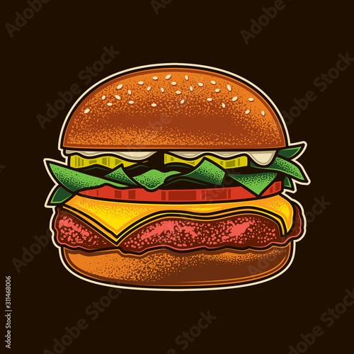 Original vector illustration of Burger with cutlet, tomatoes and greens in vintage style.