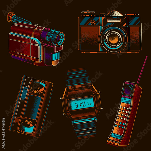 Original vector set of electronic accessories in retro style.