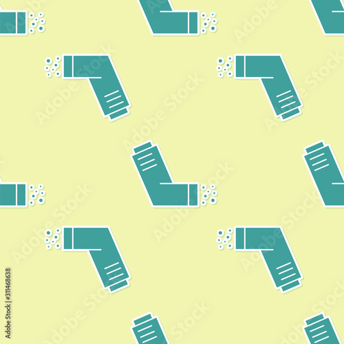 Green Inhaler icon isolated seamless pattern on yellow background. Breather for cough relief, inhalation, allergic patient. Medical allergy asthma inhaler spray.  Vector Illustration