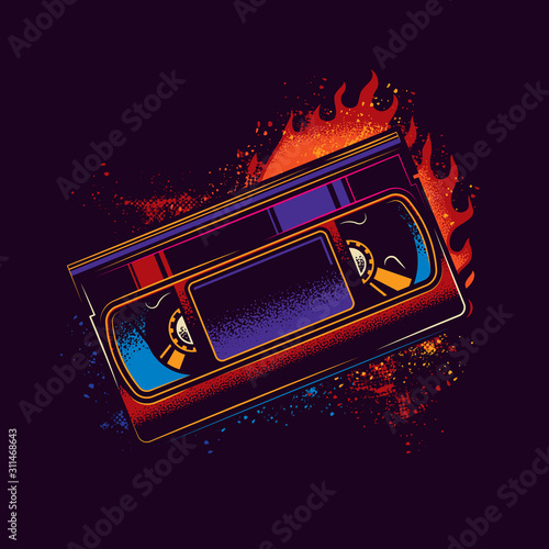 Original neon vector illustration.Old VHS videotape in retro style against a bright flame of fire.