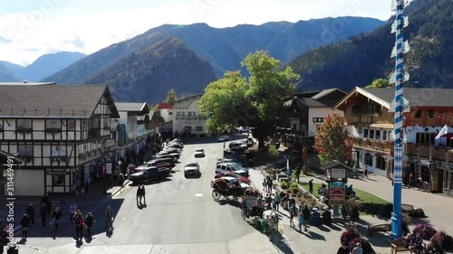 Aerial footage of Leavenworth Bavarian Village, Washington, USA photo