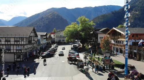 Aerial footage of Leavenworth Bavarian Village, Washington, USA