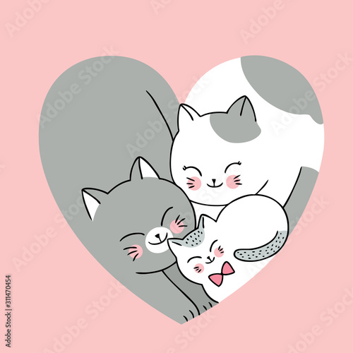 Cartoon cute Valentines day family  cats in shape heart vector.