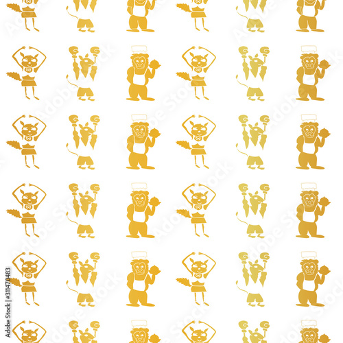 Vector gold foil vertical anthropomorphic cartoon characters seamless pattern background