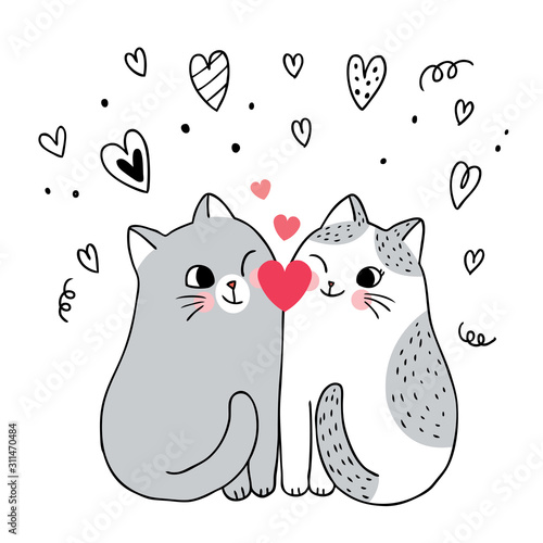 Cartoon cute Valentines day couple  cats and heart vector.