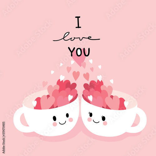 Cartoon cute Valentines day two cup coffee lover vector.