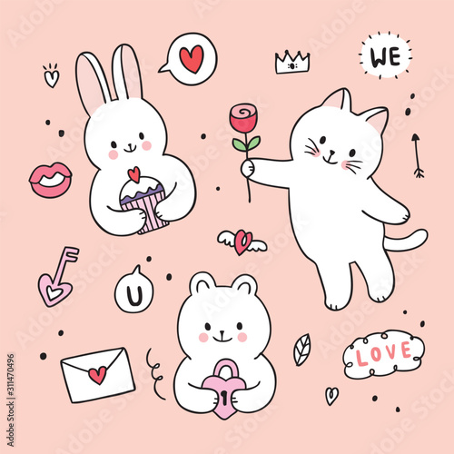 Cartoon cute Valentines day rabbit and cat and bear and lodoodle vector.