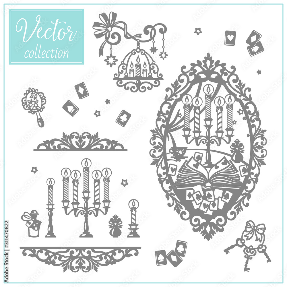 Composition on the topic of divination and magic. Psychic, fortune telling.  Vector set of divination theme. Mystical items. Magic candles, tarot cards  Stock Vector | Adobe Stock