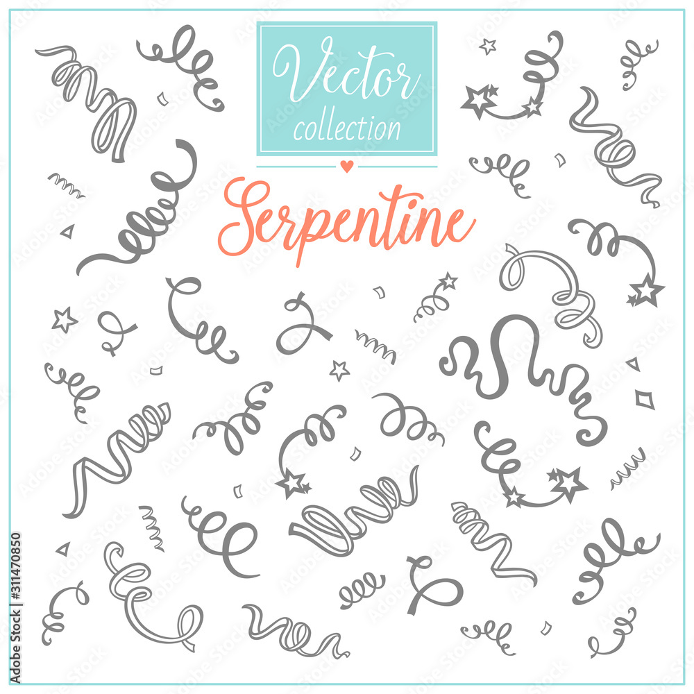 Obraz premium Serpentine ribbon icon set. Carnival party serpentine and confetti decoration. The decor for the holiday. Big vector collection.