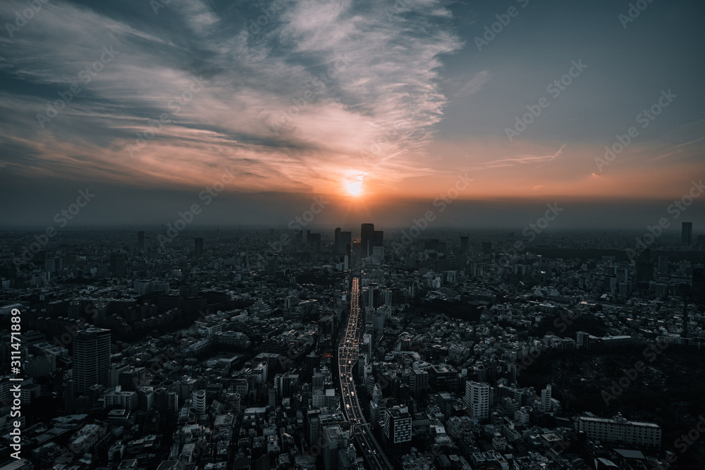 sunset over Shibuya, Tokyo city
