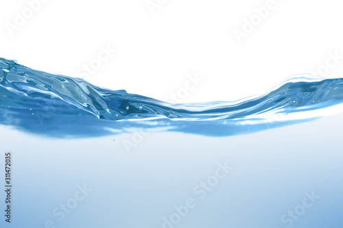 Water splash. Aqua flowing in waves and creating bubbles. Drops on the water surface feel fresh and clean. isolated on white background.