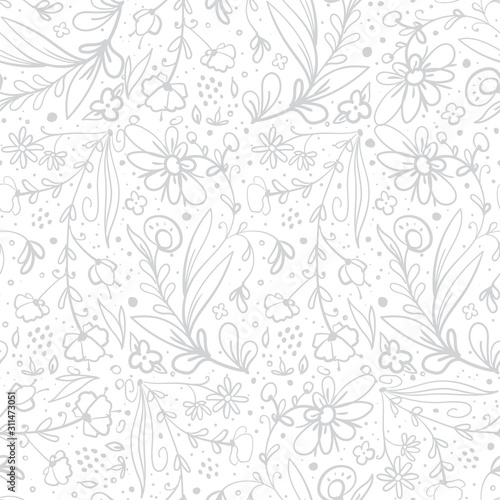 Gray seamless pattern of hand drawn different flowers and plants. Use for textile  paper  gift cards and banner.