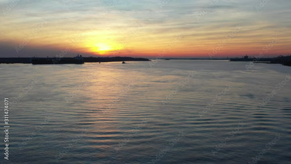 Aerial View of Sunset on the Delaware River Philadelphia, Pennsylvania