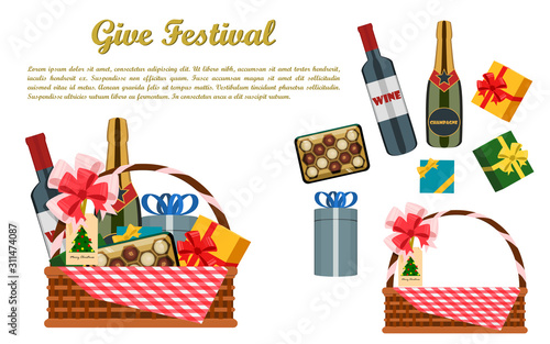 Gift basket decoration for happy Christmas Thanksgiving day or New year. Wicker basket with ribbon, gifts, wine, champagne, cakes or cookies, wrapped boxes and tag. Flat design vector illustration.