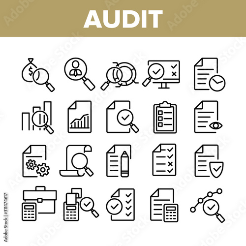 Audit Finance Report Collection Icons Set Vector Thin Line. Financial Audit Document File, Bag With Money, Calculator And Cash Register Concept Linear Pictograms. Monochrome Contour Illustrations