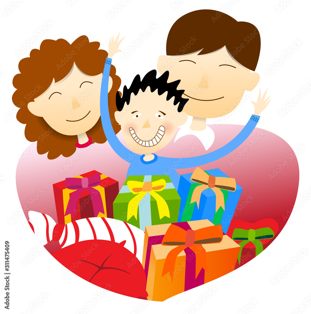 Happy family. A favorite child. Couple and child and present. Happy family. A favorite child. Couple and child and present.