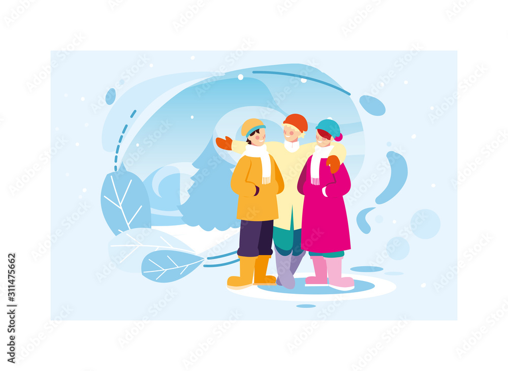 group of people with winter clothes in landscape with snowfall group of people with winter clothes in landscape with snowfall