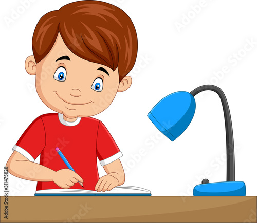 Cartoon little boy studying on the table