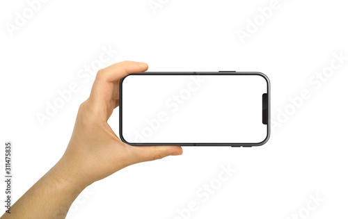Hand Holding Horizontal Mobile Phone With White Screen